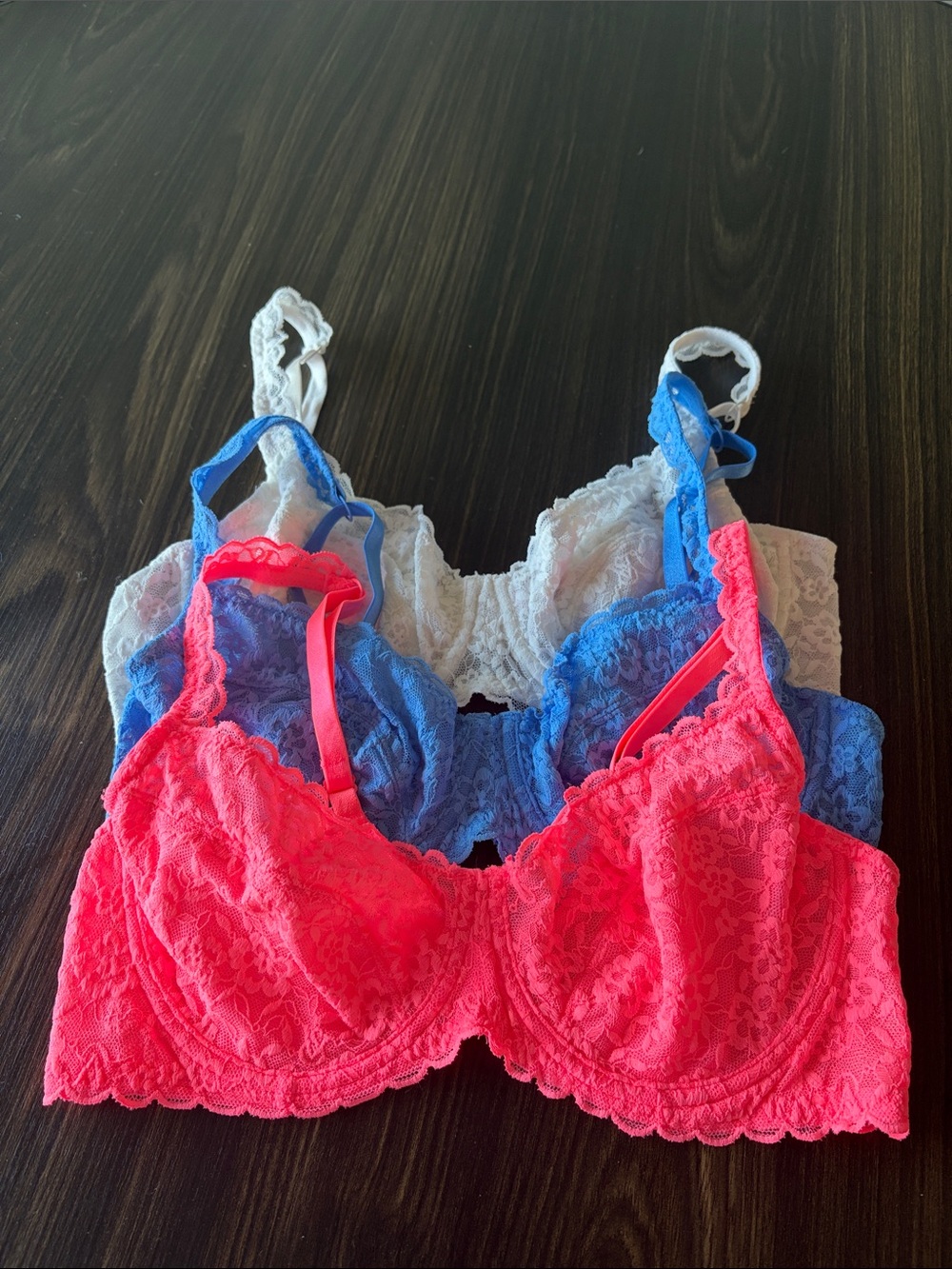 Victoria's Secret Lace Unlined Balconette Bra Trio in Hot Pink, Blue, White
